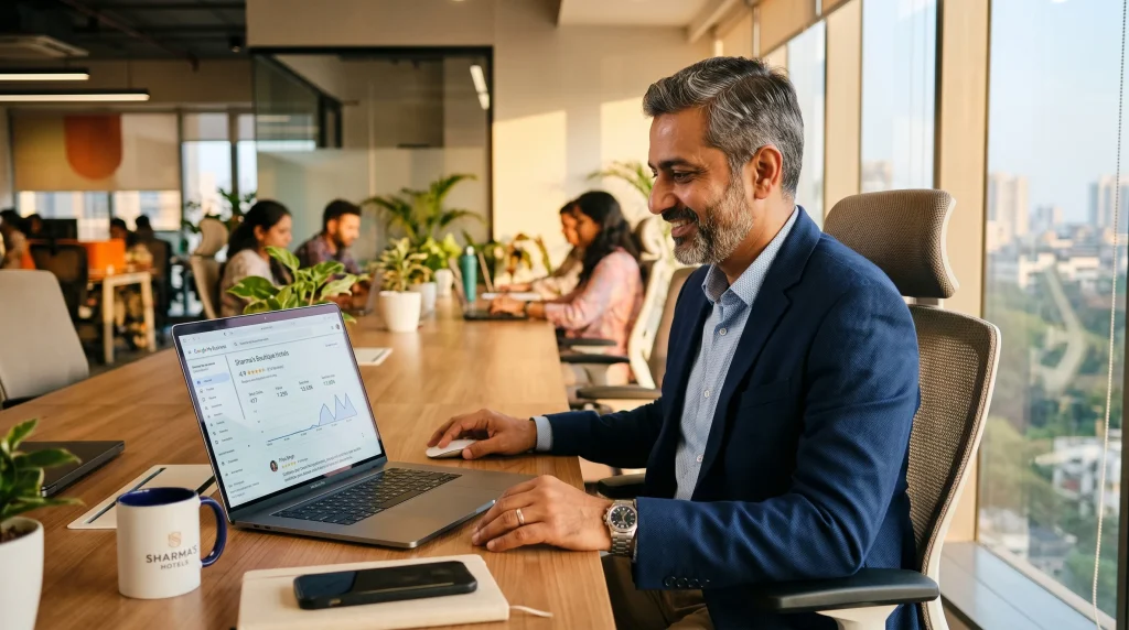 Business professional working on laptop in modern office workspace with team collaboration background.