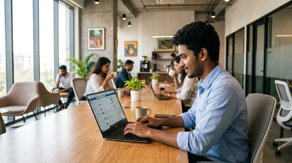Coworking office workspace with professional using laptop in modern shared office.